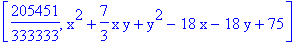 [205451/333333, x^2+7/3*x*y+y^2-18*x-18*y+75]